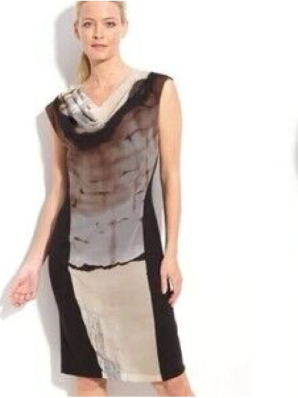 Ronen Chen Mixed Black and Gray Draped-Neck Art Dress